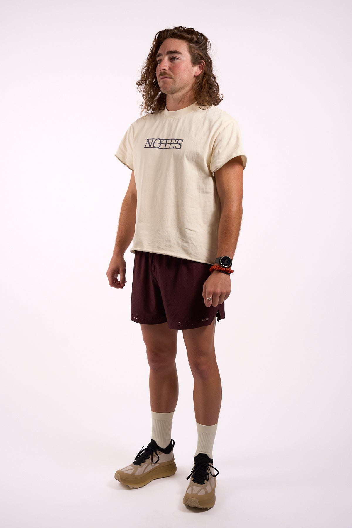 Anniversary Tee in off white, full length on model, front view