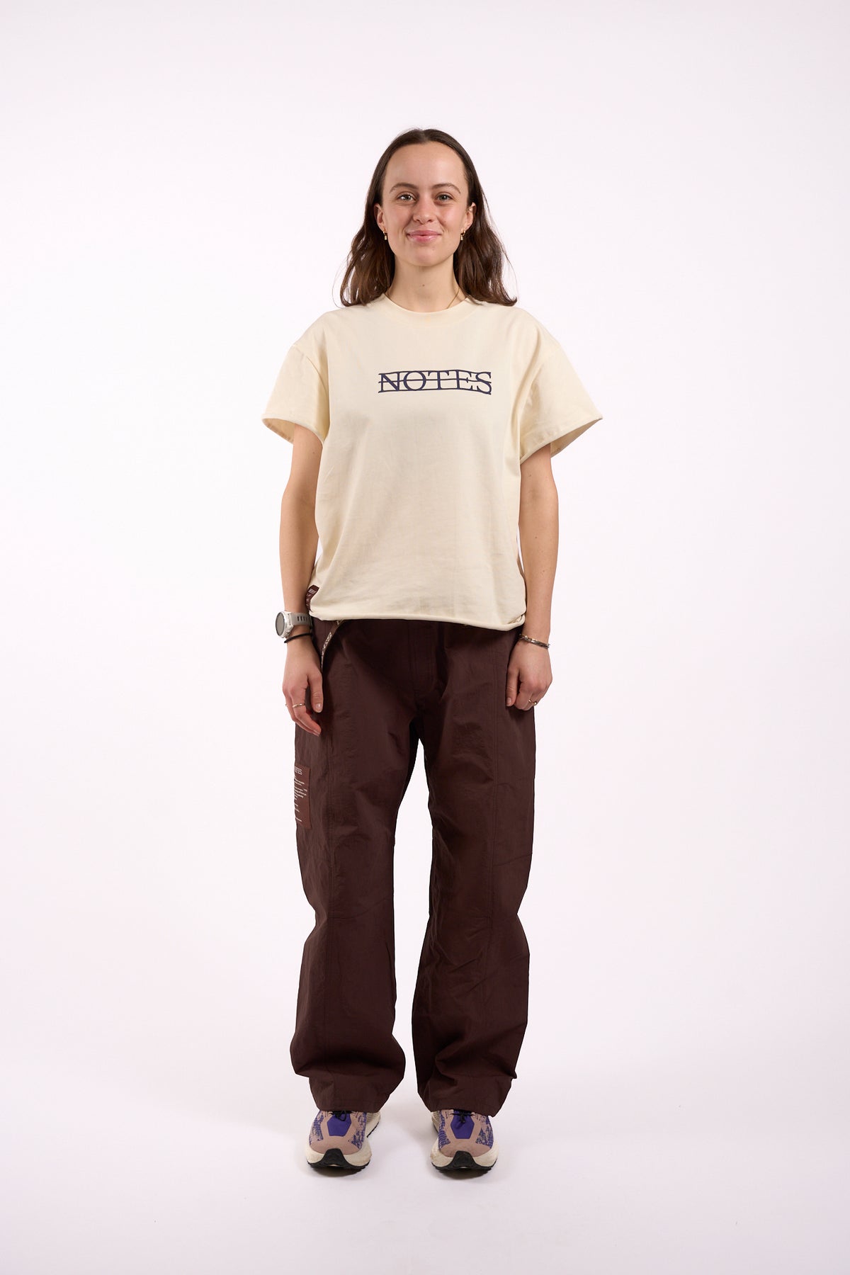 Anniversary Tee in off white, full length on model, front view