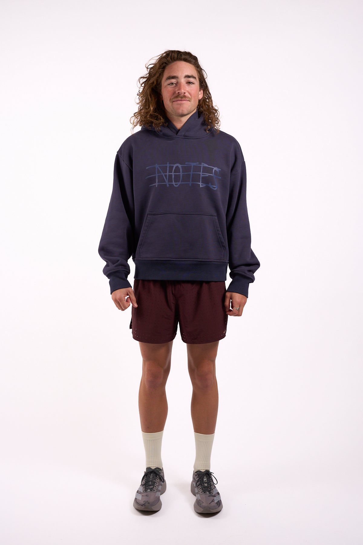 Warm Down Hoodie in Washed Pelagic Blue, full length on model, front view